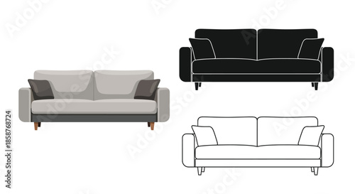 Three variations of a modern sofa colored black and outlined designs