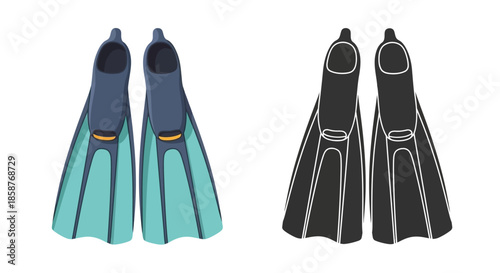 Illustration of two pairs of swim fins in different colors
