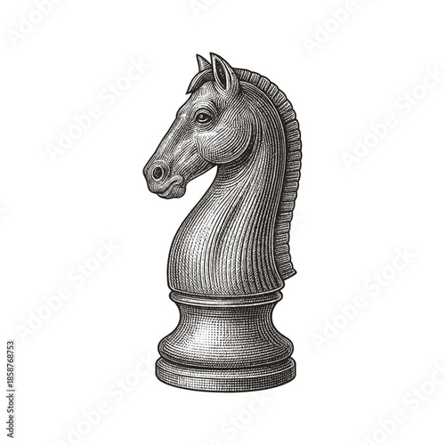 A chess knight engraving illustration. Scratchboard imitation. Black and white image. flat vector