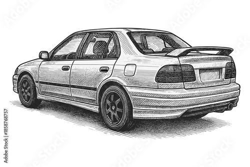 A classic jdm sedan car engraving illustration. Scratchboard imitation. Black and white image. flat vector