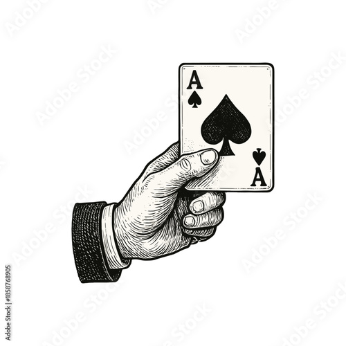 Ace of Spades Playing Card in Hand, drawn in an engraved, woodcut style with fine details sketch engraving vector illustration. Scratchboard imitation. Black and white image. flat vector