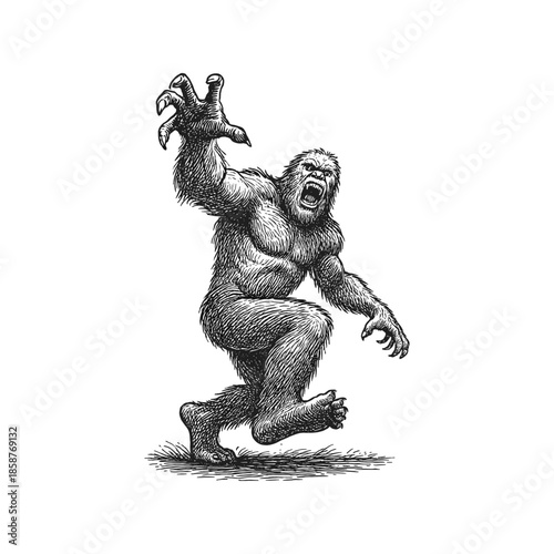 Bigfoot monster engraving illustration. Scratchboard imitation. Black and white image. flat vector