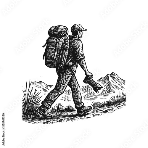 Traveller on mountains engraving illustration. Scratchboard imitation. Black and white image. flat vector