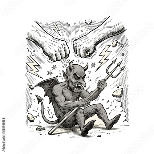 Devil getting beaten up by hands, Overcoming sin engraving illustration. Scratchboard imitation. Black and white image. flat vector