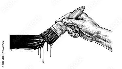Hand Holding Paintbrush with Dripping Paint engraved illustration. Scratchboard imitation. Black and white image. flat vector