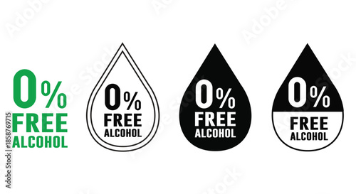 Zero percent alcohol free icons set drop shaped symbols in green and black colors for product labels