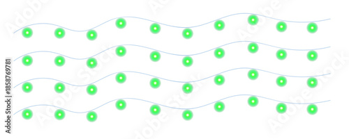 Vibrant green string lights on wavy lines, isolated on transparent background, digital illustration