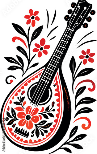 Mandolin Folk Art Floral Music Instrument Vector
