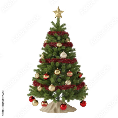 Fully Decorated Christmas Tree with Ornaments and Gold Star Topper Isolated isolated on transparent background