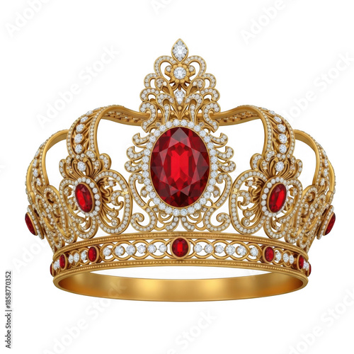 Royal Golden Crown Decorated with Large Red Rubies and Diamonds Isolated isolated on transparent background