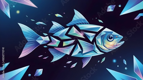 Crystalline geometric fish made of blue and cyan digital shards – Ideal for digital marketing, future fish farming, or innovation in nature concepts.