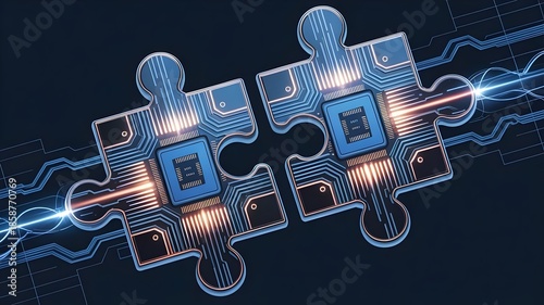 Interlocking circuit board puzzle pieces for technological teamwork – Ideal for business collaboration, problem-solving, or digital integration content.