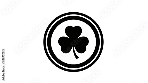 Black four leaf clover icon in circular frame on white background.
