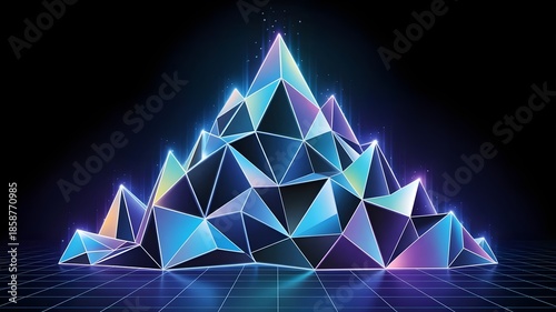 Holographic mountain peak made of glowing blue and white triangles – Great for virtual reality, crypto, or technological achievement concepts.