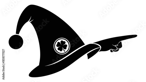 Black jester's hat with a four-leaf clover emblem pointing to the right.