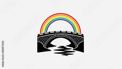 Rainbow over a stone bridge illustration.