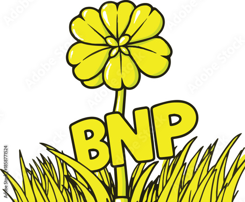 Yellow flower with B N P text in grass