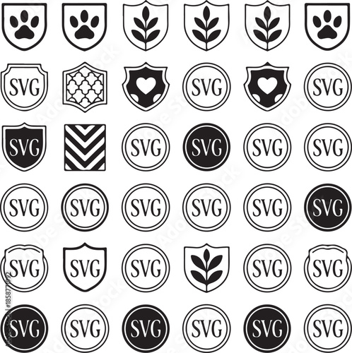 Monochrome vector graphic collection of security and protection shields featuring geometric modern patterns love hearts and abstract chevron shapes