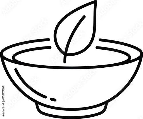 A simple line drawing of a bowl with a leaf floating in liquid