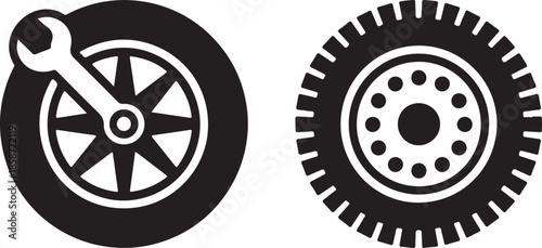 Set of two automotive repair and vehicle wheel silhouette icons for mechanic shop or tire service