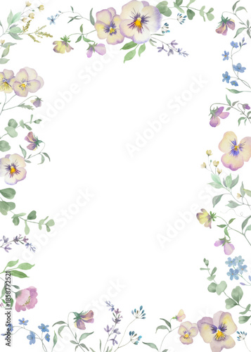 
Watercolor pansies and viola wildflowers floral frame. Botanical background. Hand drawn illustration.

