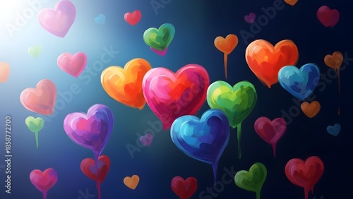 Vibrant heart shaped balloons floating in air with radiant light