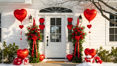 Romantically decorated white house with heart balloons and red flowers for valentine's day