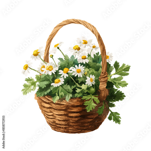 Isometric watercolor rendering of Chamomile Basket, isolated on a clean white background.