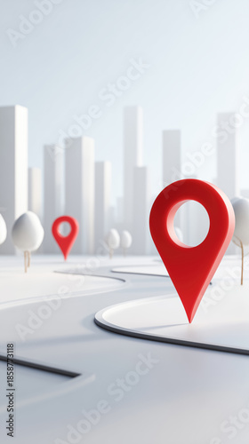 Red pins on a city streets against the abstract background of white cityscape indicating city routes and destinations. Concept of logistics, connection, navigation and travel.