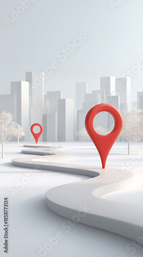 Red pins on a city streets against the abstract background of white cityscape indicating city routes and destinations. Concept of logistics, connection, navigation and travel.