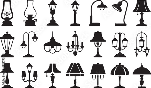 Silhouettes of various lamps lighting fixtures and illumination objects vector set featuring chandeliers streetlights floor and desk lamps transparent background