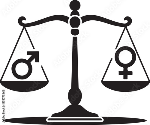 Gender equality scale with male and female symbols balance on weight machine conceptual illustration for human rights and justice