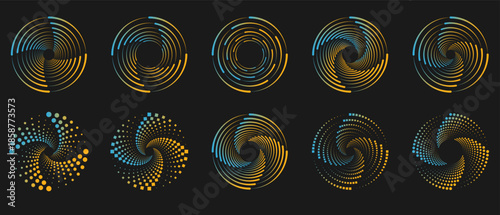 Abstract Halftone spiral pattern set with blue yellow radial dots and abstract symmetry, vector and png File