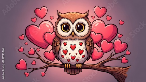 Whimsical owl on a heart adorned branch