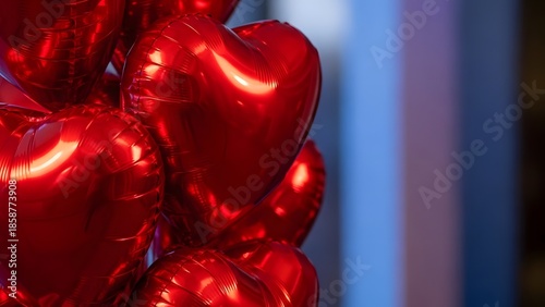 Close up of shiny red balloons against a blurred blue background