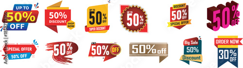 Collection of vibrant sale and discount badges with percentage off offers