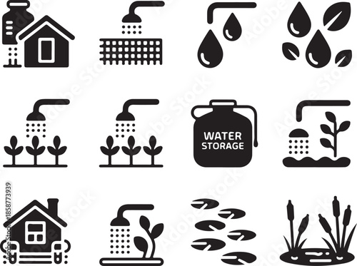 Agriculture water management solid icons depicting irrigation systems plant watering crop storage and rainwater harvesting tech
