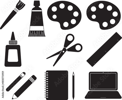Creative art and craft supplies solid icons including painting tools stationery school accessories and digital artistic devices