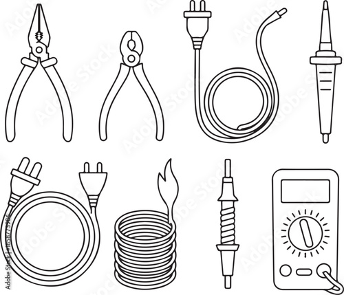 Electrical engineering and repair tools line icons showing multimeter soldering iron pliers wire cable and power plug equipment