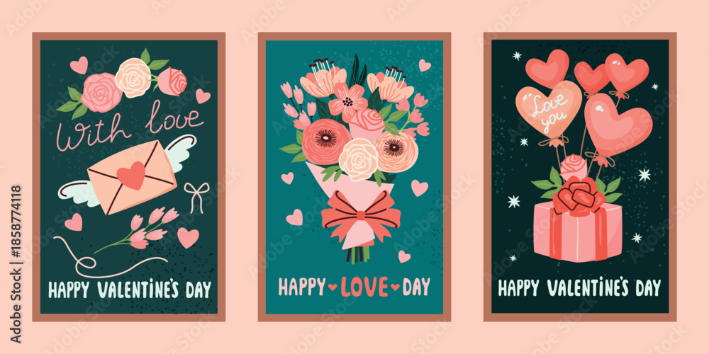 Fototapeta premium Valentine's Day greeting cards collection with flowers bouquet, love letter, gift with balloons. Hand drawn romantic objects on a background with grainy texture. Vector cartoon festive illustrations.