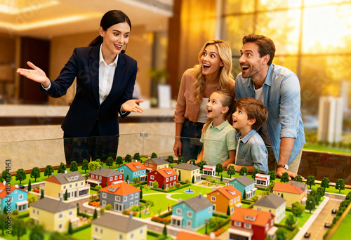 Enthusiastic family viewing real estate model with female agent in modern office setting.