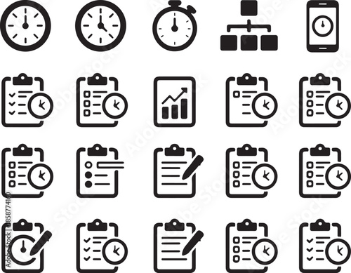vector icons of clocks timers stopwatches organizational charts and mobile devices for time management