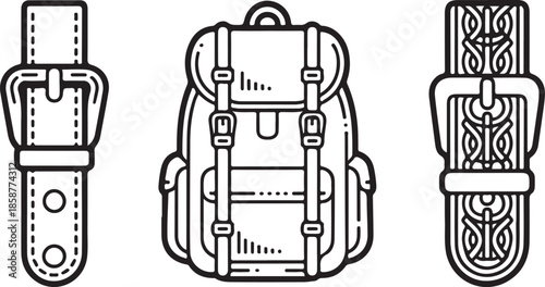 Set of outdoor equipment elements including detailed hiking backpack rucksack and various utility belt buckles linear illustration vector graphic