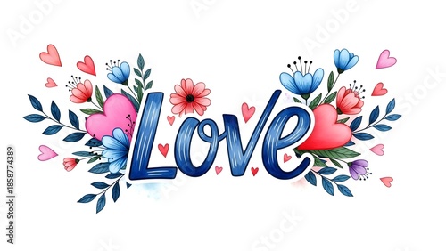 A vibrant floral illustration with the word love surrounded by colorful flowers and hearts