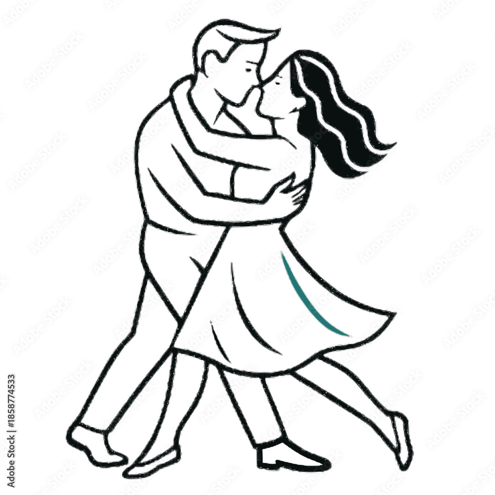Fototapeta premium Romantic couple dancing line art illustration isolated on white background