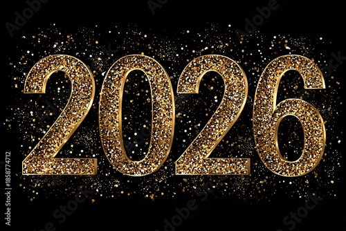 2026 Happy New Year Gold Glitter Numbers on Black Background