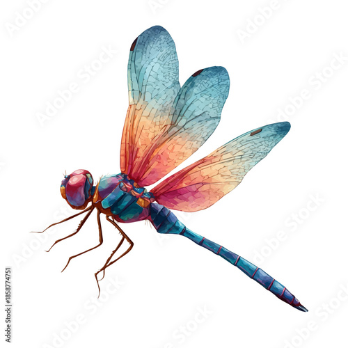 Dragonfly illustrated in isometric watercolor style, isolated on white.