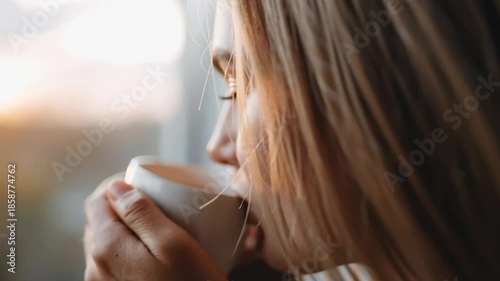A person is holding a white coffee cup, enjoying a moment of relaxation while looking out the window at the city. The scene is serene and tranquil, with the person's hand wrapped around the warm cup