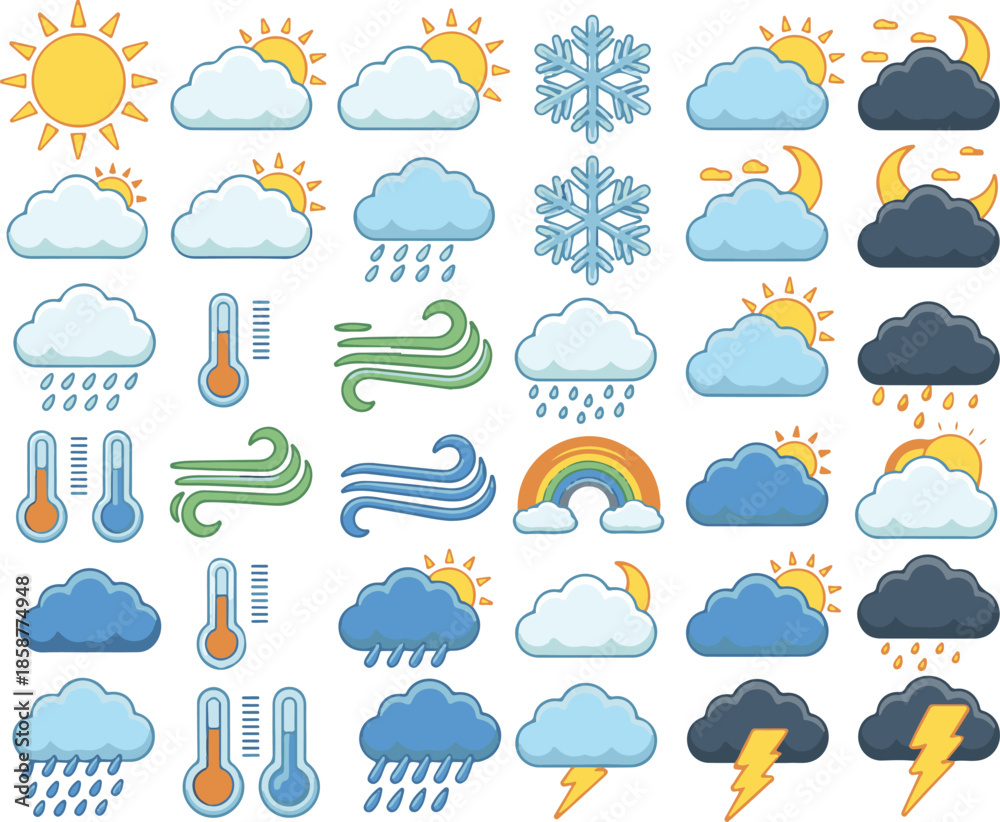Obraz premium Weather forecast meteorology icons collection with sun clouds rain snow wind rainbow thermometer lightning moon and storm symbols