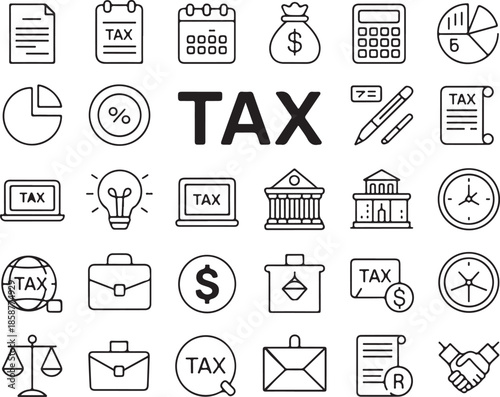 Business tax financial icons set with documents calendar money bag calculator pie chart laptop bank building scales and handshake